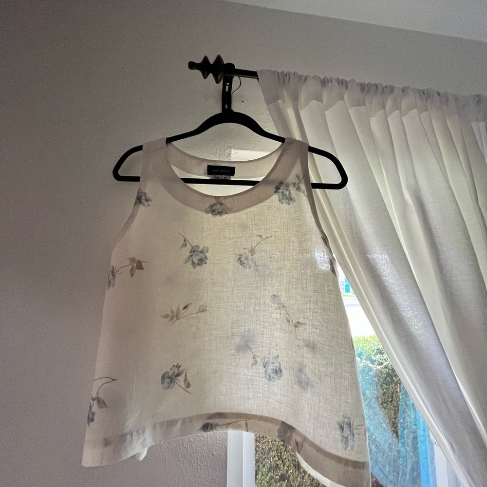 ESKANDAR Luxury White 100% Linen Top Blouse Sz 1 Floral Lagenlook Asymmetrical